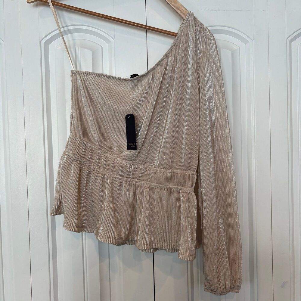 Tullea Gold Pleated Metallic One Shoulder Top Size Large